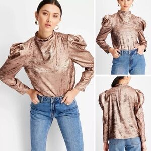 NWOT! Future Collective Puff Shoulder Mock Neck Blouse